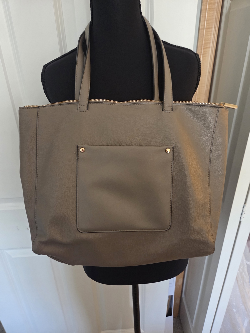 a new day Taupe Women's Tote Bag with Front Pocket and Gold Hardware